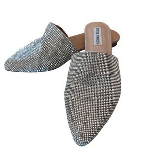 Steve Madden Silver Sparkly Mules with Pointed Toe Traced-R Rhinestones 7.5